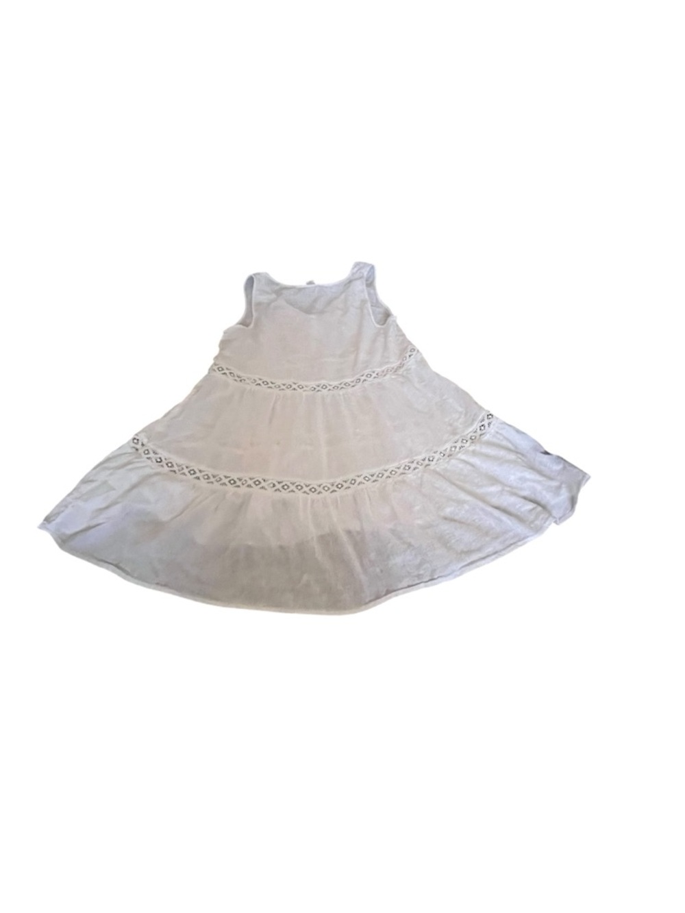 Boho White Tiered Beach Cover Up Mini Dress Lace Trim Flowy Medium Linen Blend - Picture 3 of 9